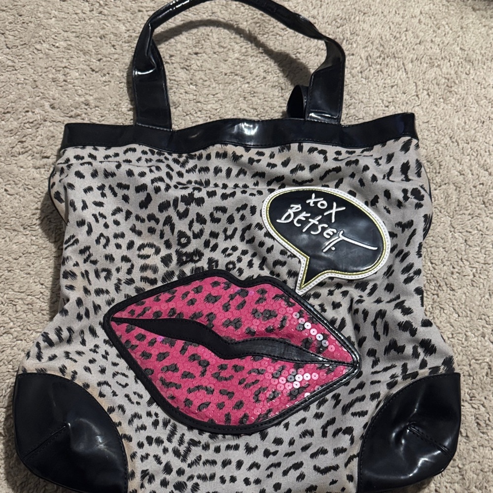 Betsey Johnson Leopard Tote with Pink Sequin Lips